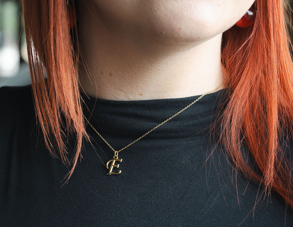 18" Gold Ion-Plated Stainless Steel Cursive Initial "E" Pendant
