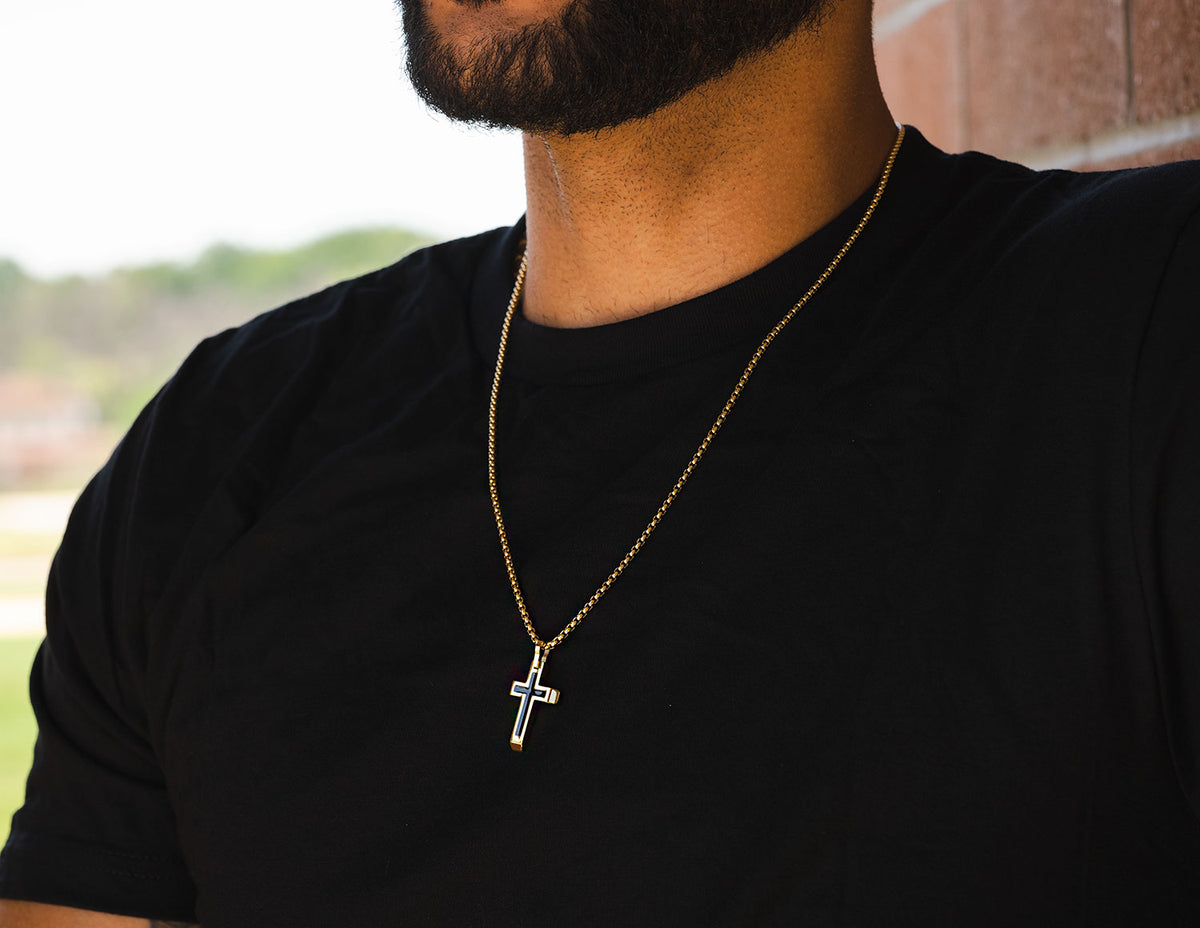 22" Stainless Steel Yellow and Black Ion-Plated Cross Pendant on Rounded Box Chain