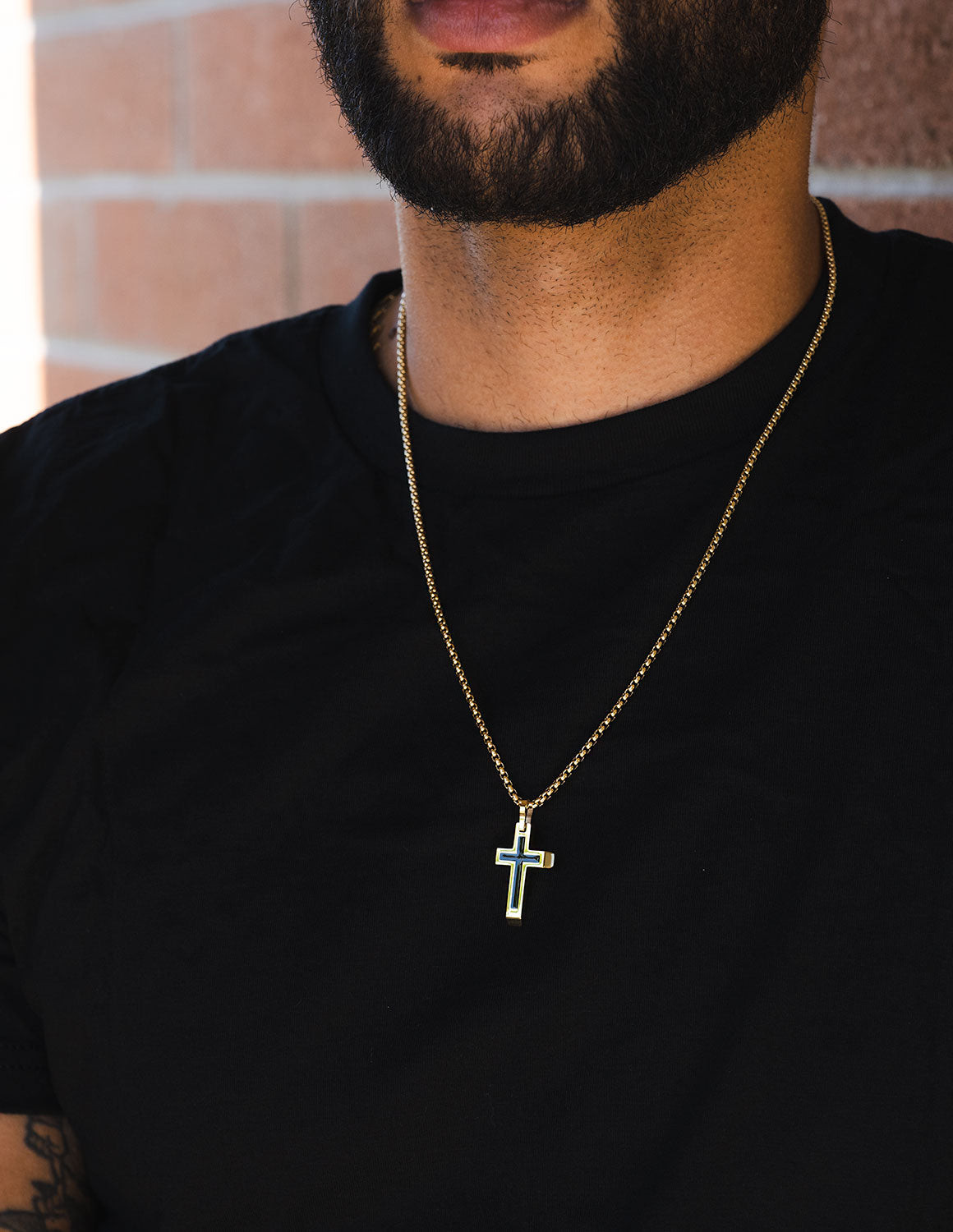 22" Stainless Steel Yellow and Black Ion-Plated Cross Pendant on Rounded Box Chain
