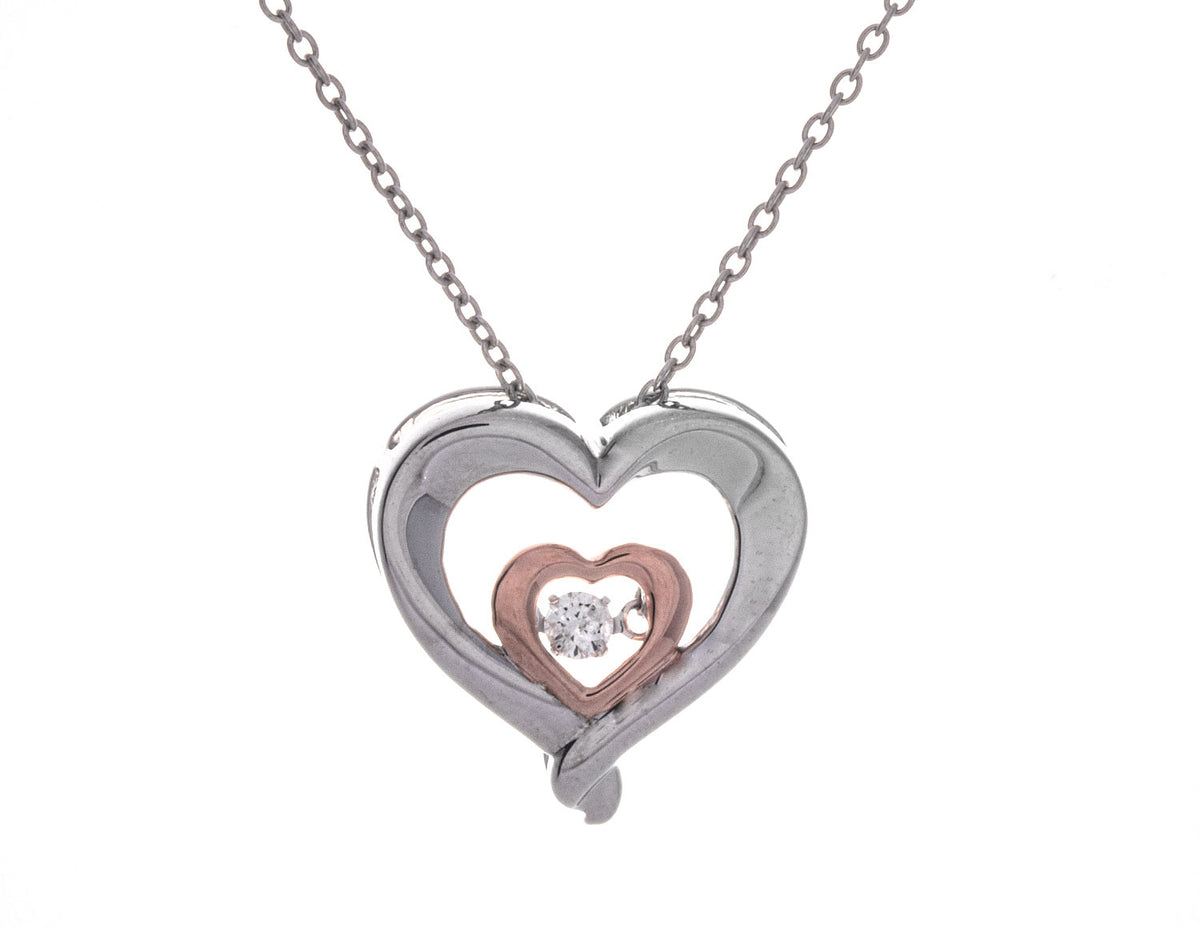 1/14ct. Diamond Dancing Hearts Pendant in Sterling Silver and 10K Rose Gold