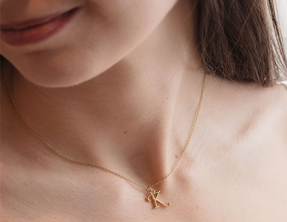 18" Gold Ion-Plated Stainless Steel Cursive Initial "K" Pendant