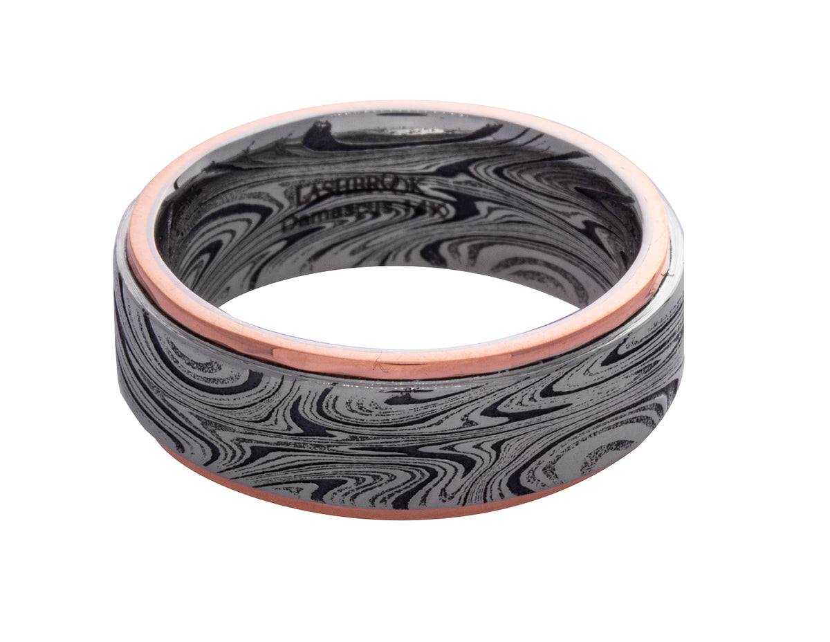 Damascus Steel Marble and 14K Rose Gold Men's Wedding Ring