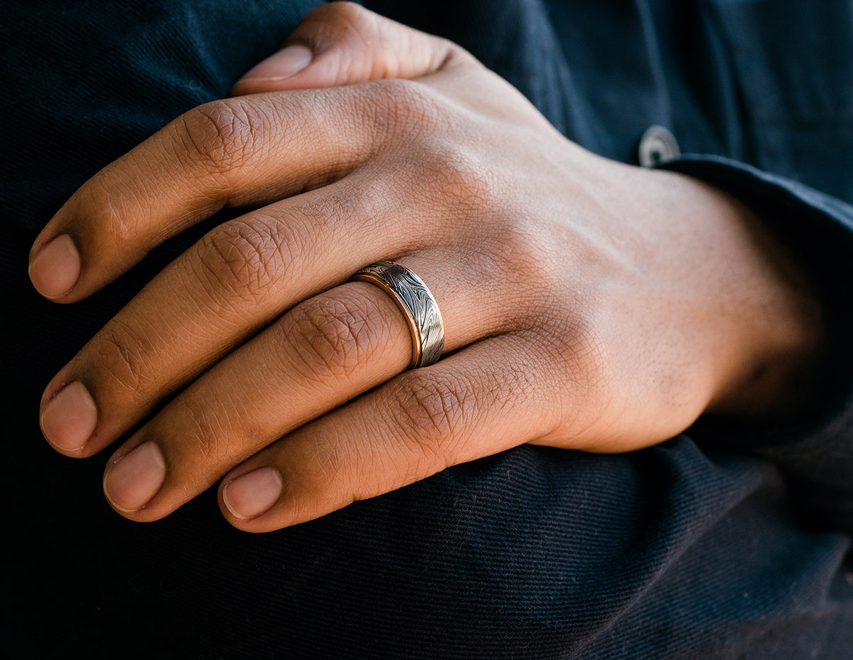 Damascus Steel Marble and 14K Rose Gold Men's Wedding Ring