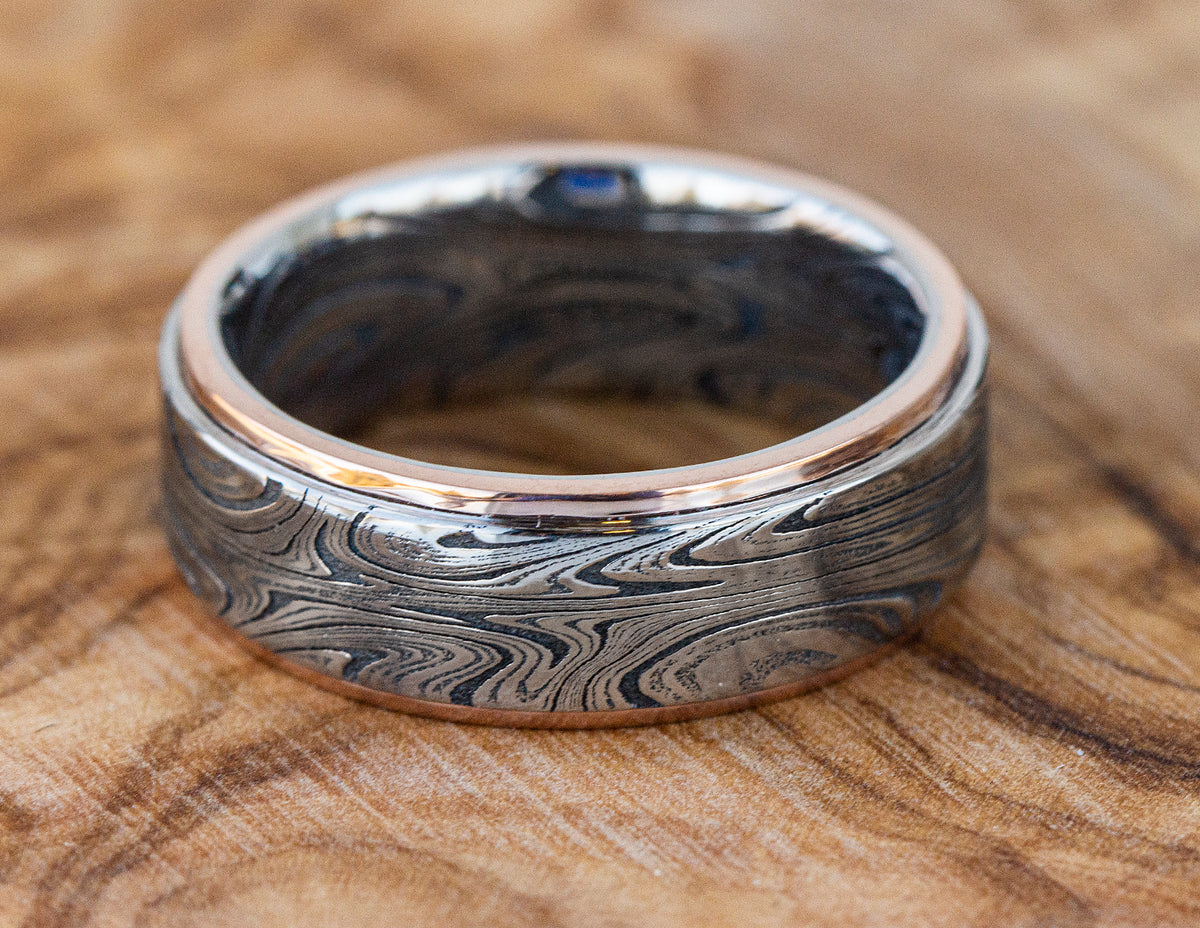 Damascus Steel Marble and 14K Rose Gold Men's Wedding Ring