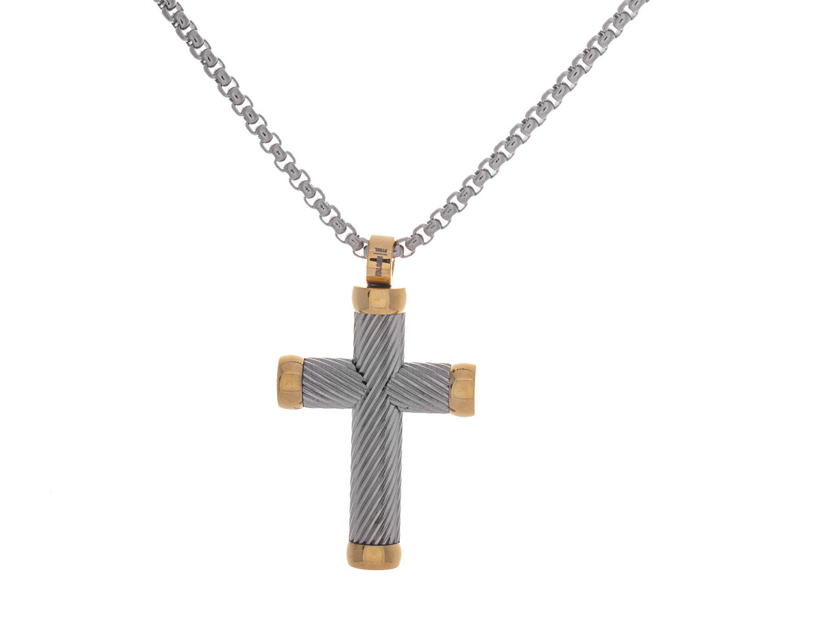 22" Twisted Line Cross Pendant in Stainless Steel