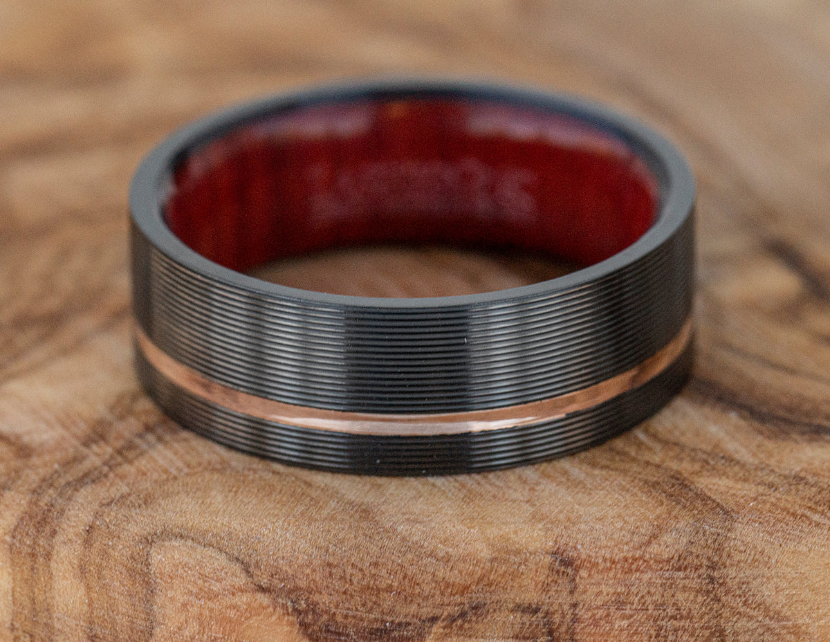Black Zirconium Comfort Fit Wedding Ring With Redheart Hardwood Sleeve