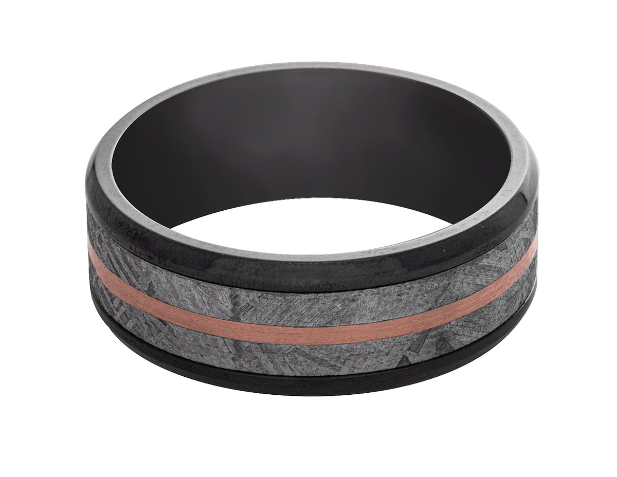 Mixed Media Wedding Band in Black Zirconium Meteorite & 14K Rose Gold