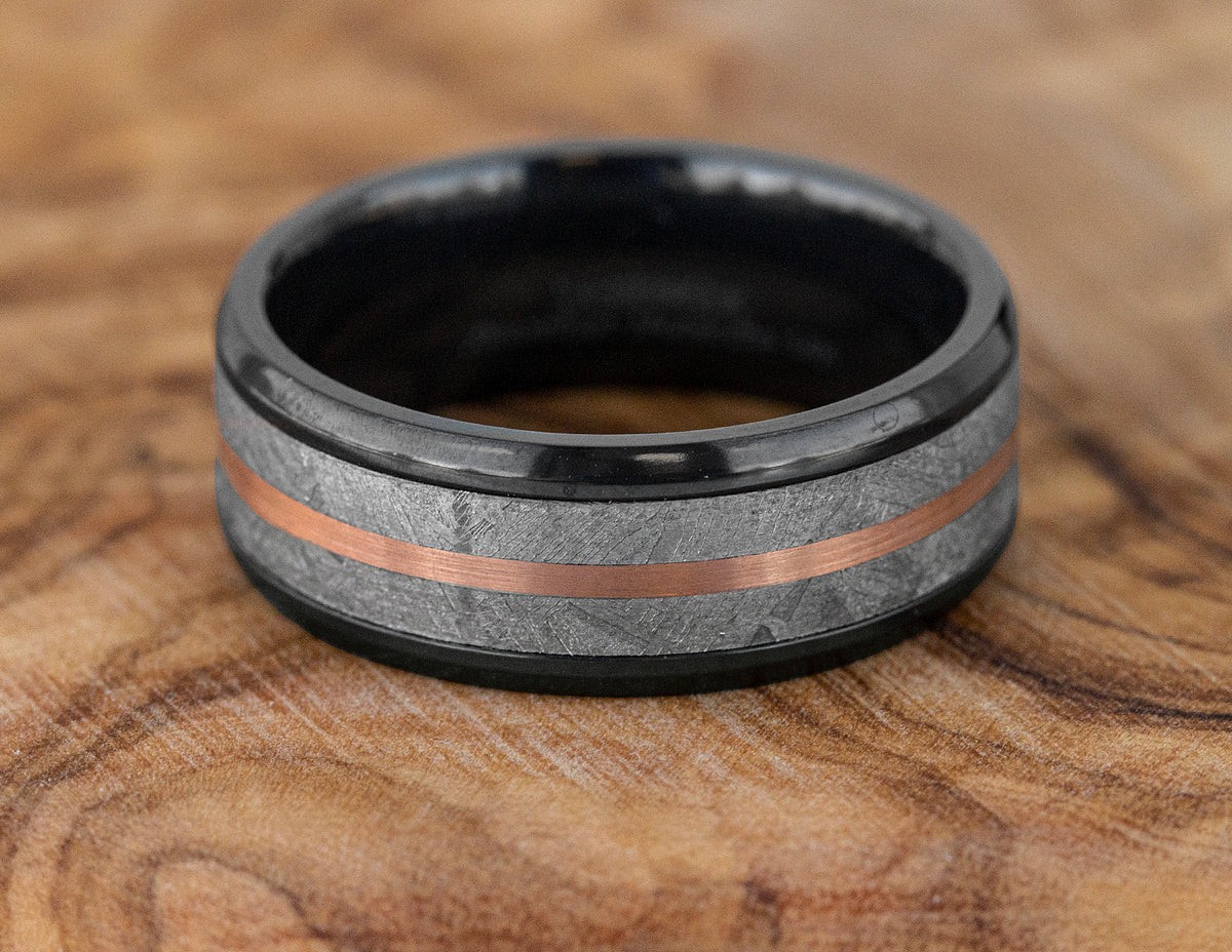 Mixed Media Wedding Band in Black Zirconium Meteorite & 14K Rose Gold
