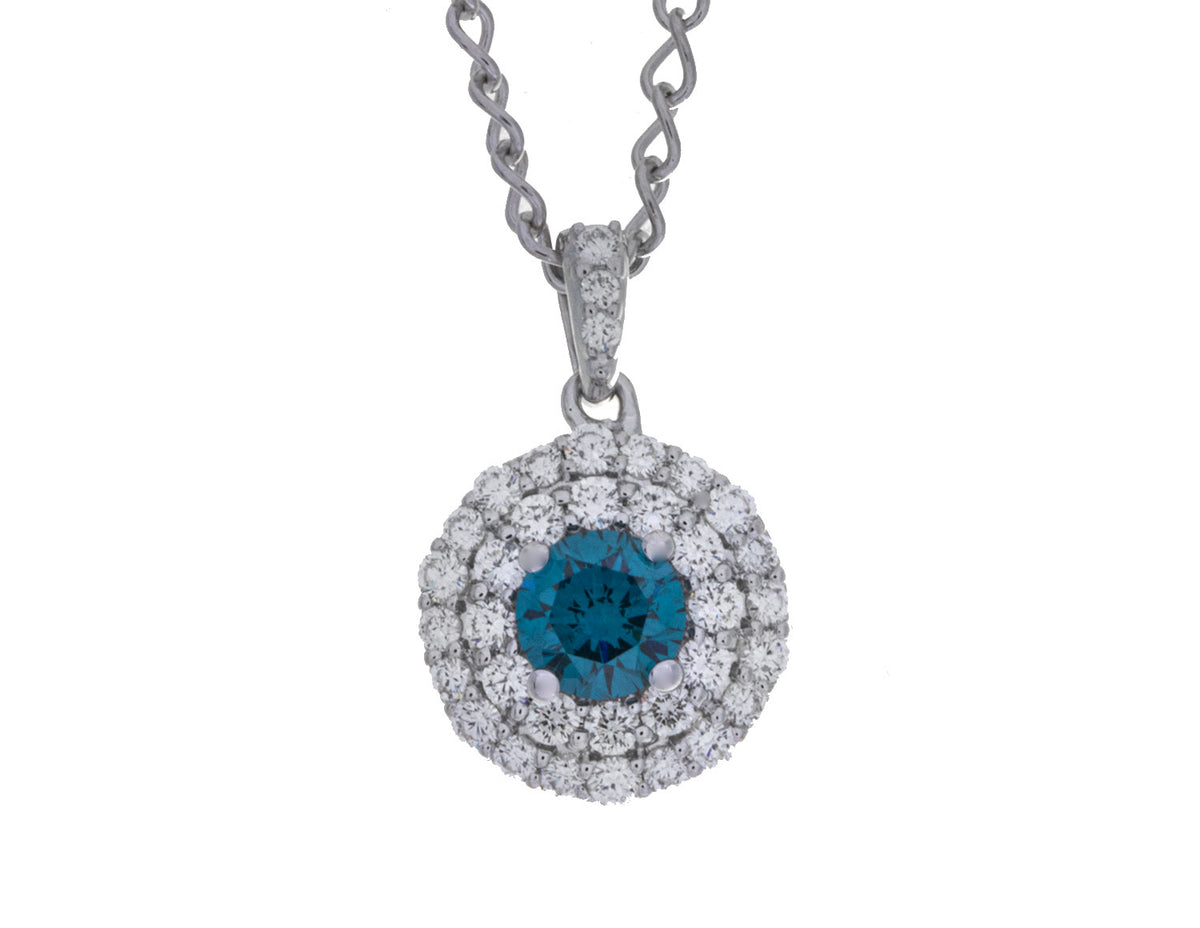 3/4ct. t.w. Blue and White Diamond Halo Pendant in 14K White Gold