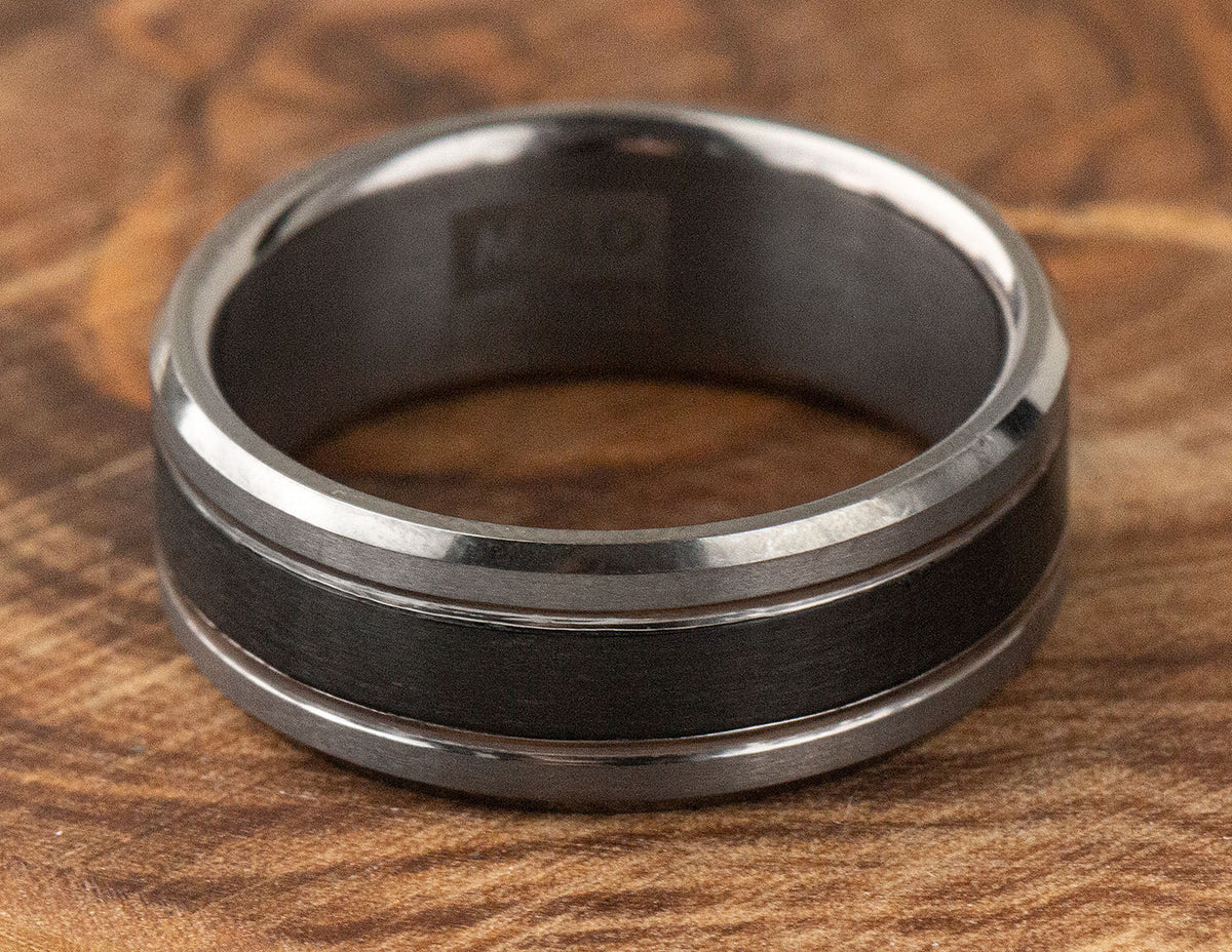 8mm Men's Wedding Band in Grey Tantalum and Black Carbon Fiber