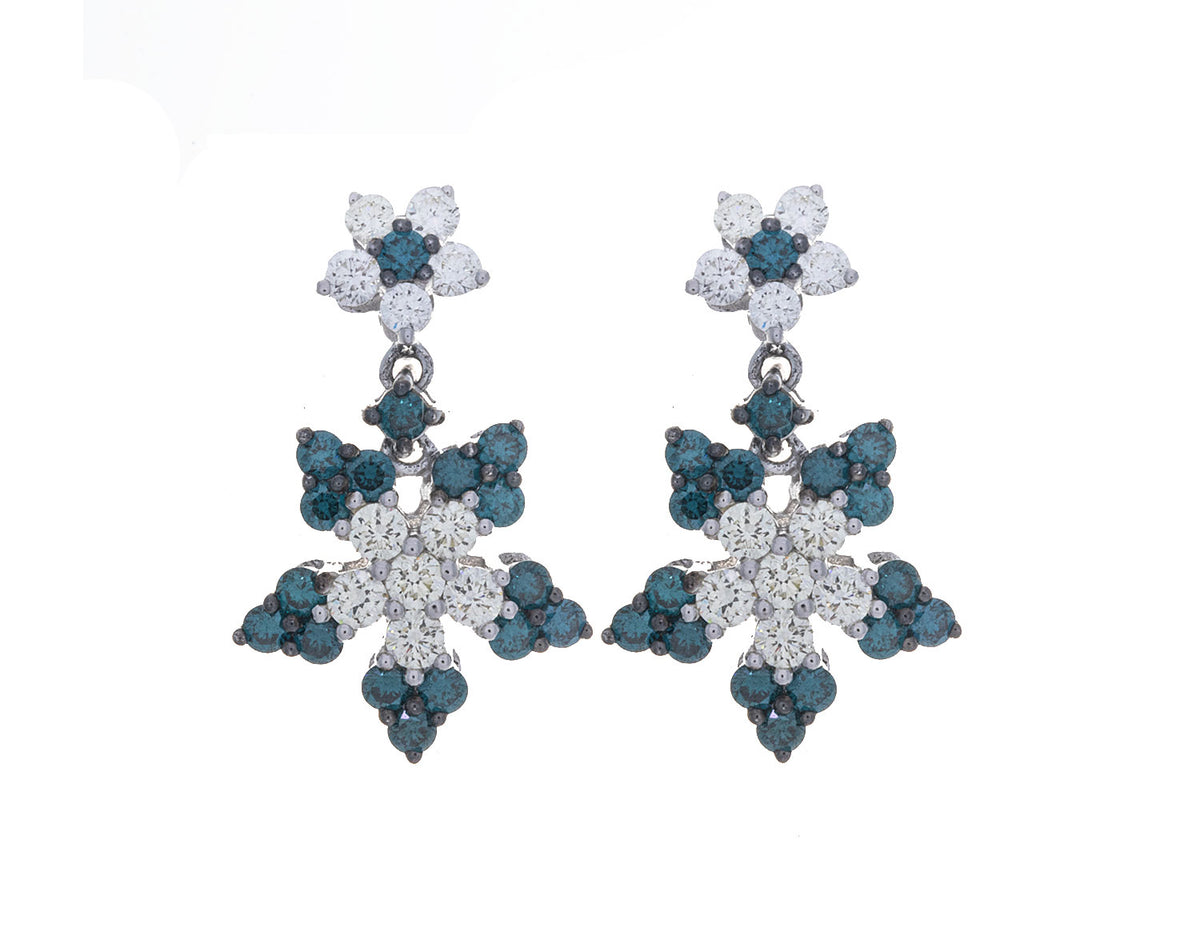 1 5/8ct. t.w. Blue and White Diamond Flower Earrings in 14K White Gold