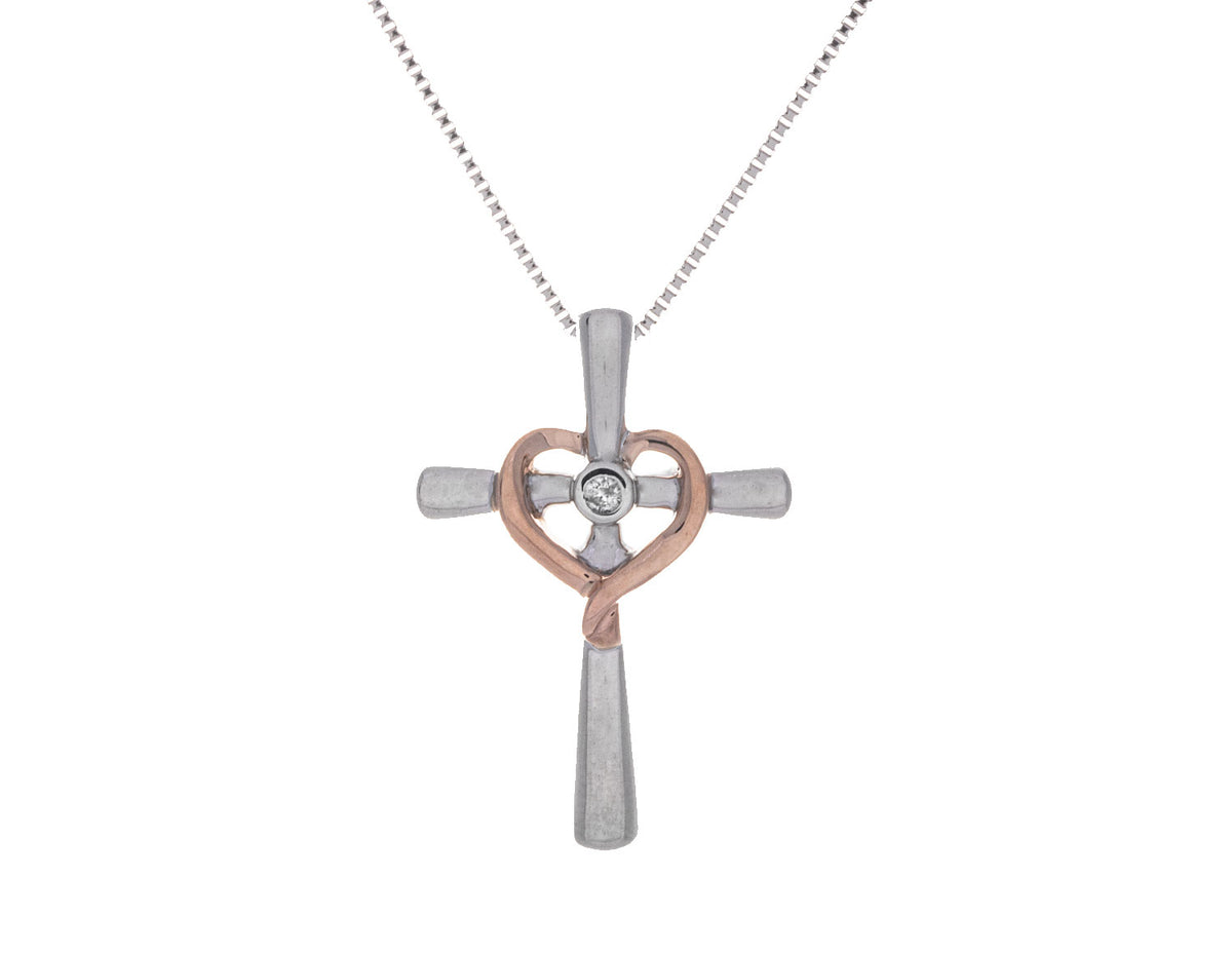 .02ct. Diamond Cross and Heart Pendant in 10K Rose Gold and Sterling Silver