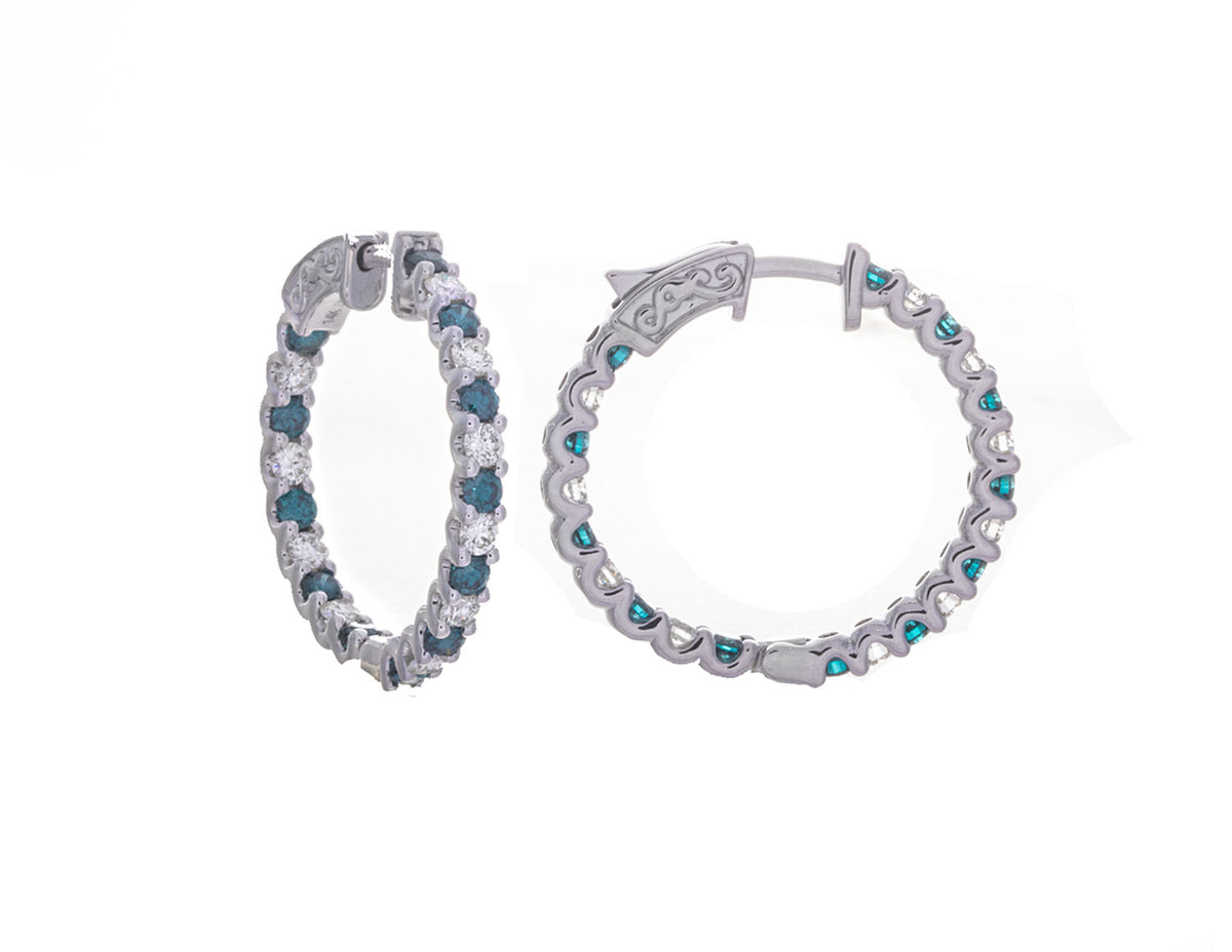 1 3/4ct. t.w. Blue and White Diamond Alternating Hoop Earrings in 14K White Gold