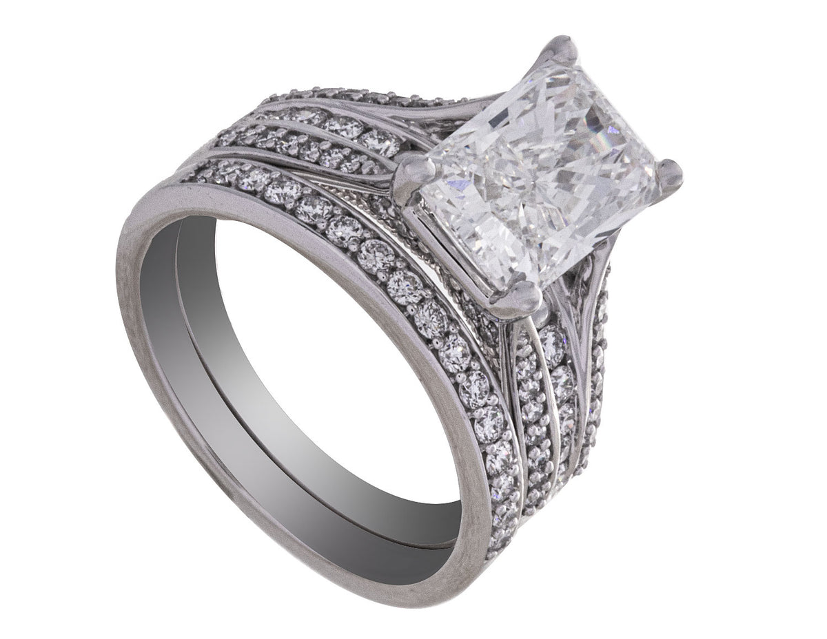 3 5/8ct. t.w. Radiant Cut Newborn Lab Created Diamond Engagement Ring and Wedding Bands Set in 14K White Gold