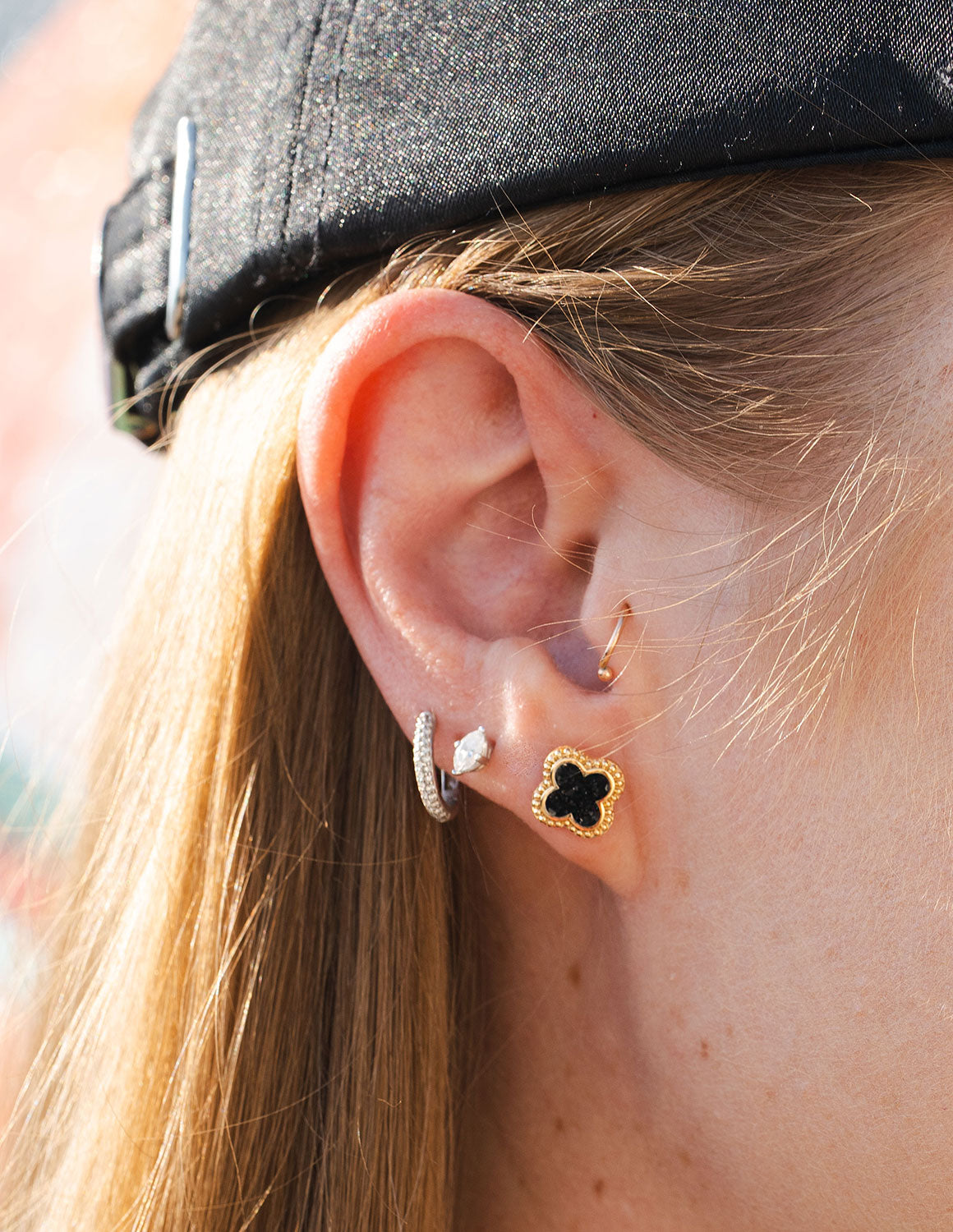 Crushed Black Diamond Clover Stud Earrings in Vermeil