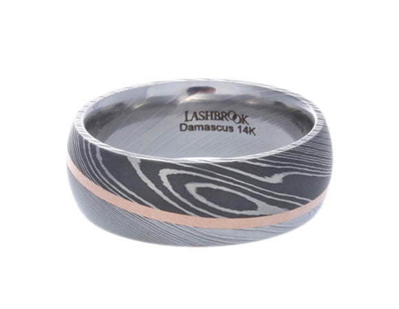 8mm Damascus Steel & 14K Rose Gold Comfort Fit Men's Wedding Ring