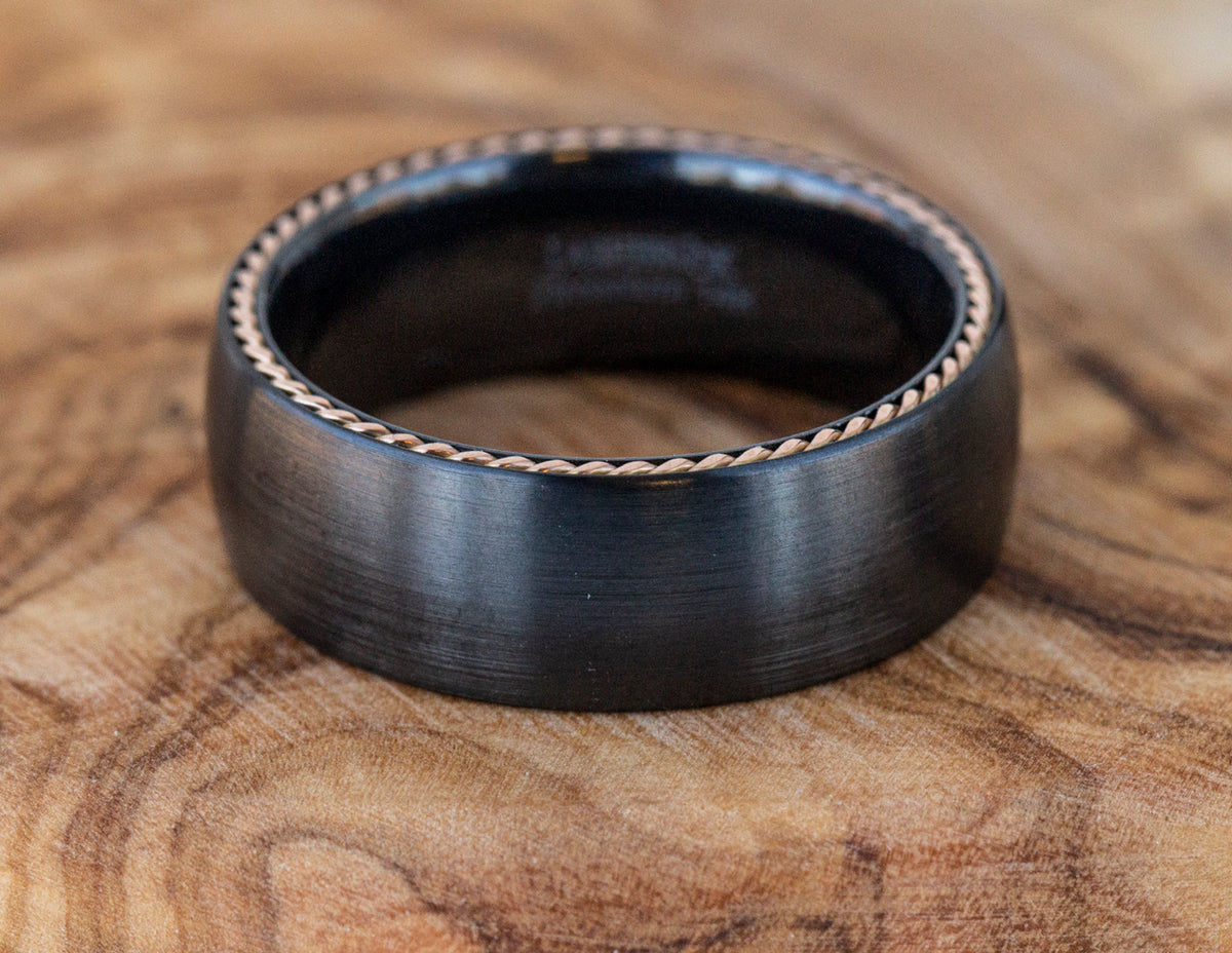 Black Zirconium and 14K Rose Gold Wedding Ring