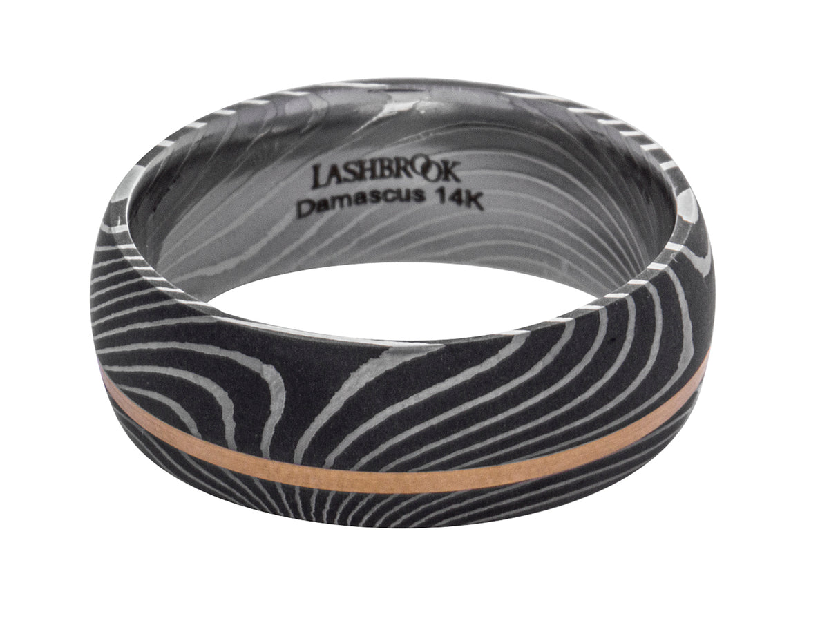 8mm Damascus Steel and 14K Rose Gold Wedding Band