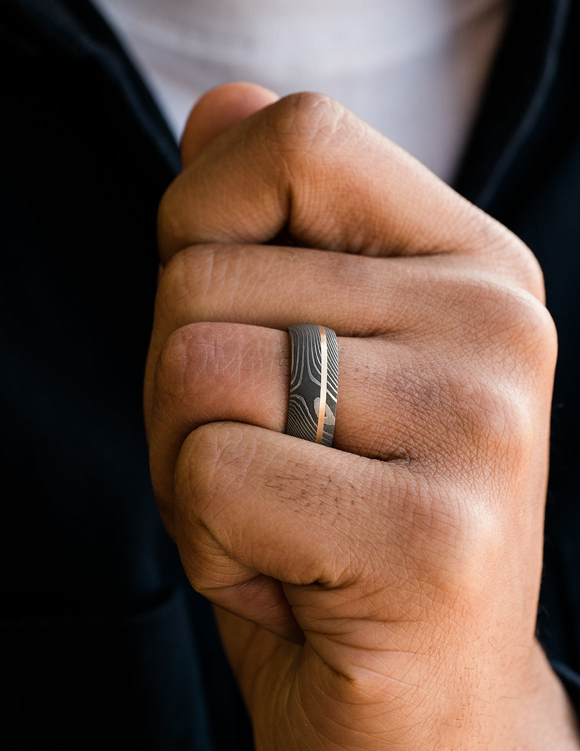 8mm Damascus Steel and 14K Rose Gold Wedding Band