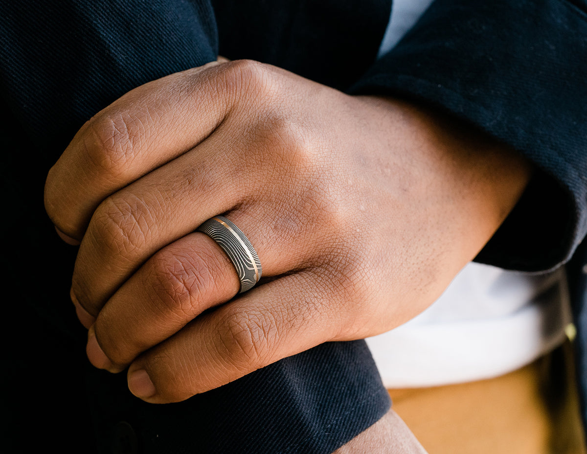 8mm Damascus Steel and 14K Rose Gold Wedding Band