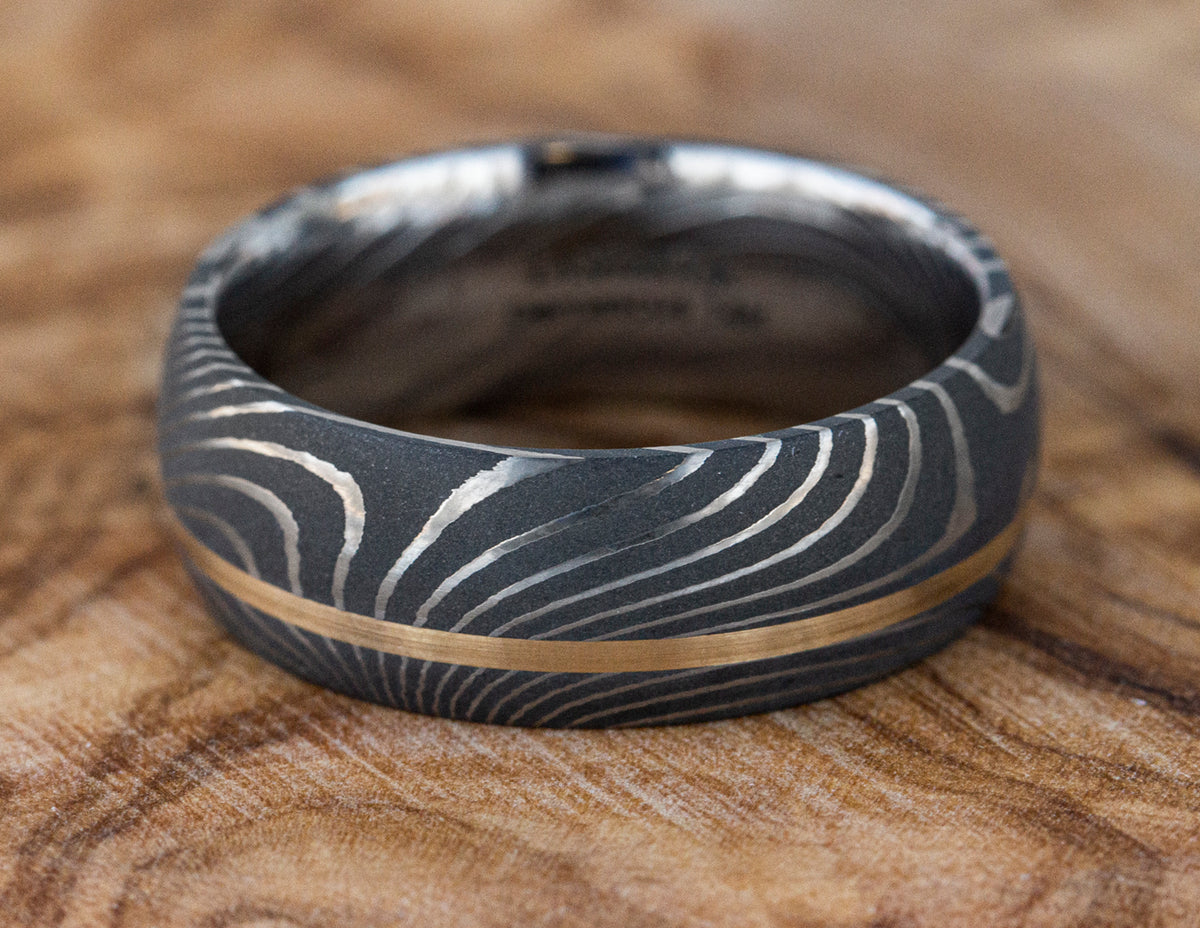 8mm Damascus Steel and 14K Rose Gold Wedding Band