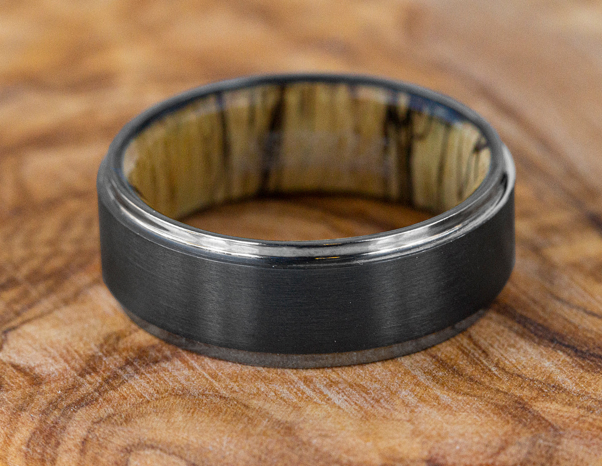 Black Zirconium and Spalted Tamarind Wedding Ring
