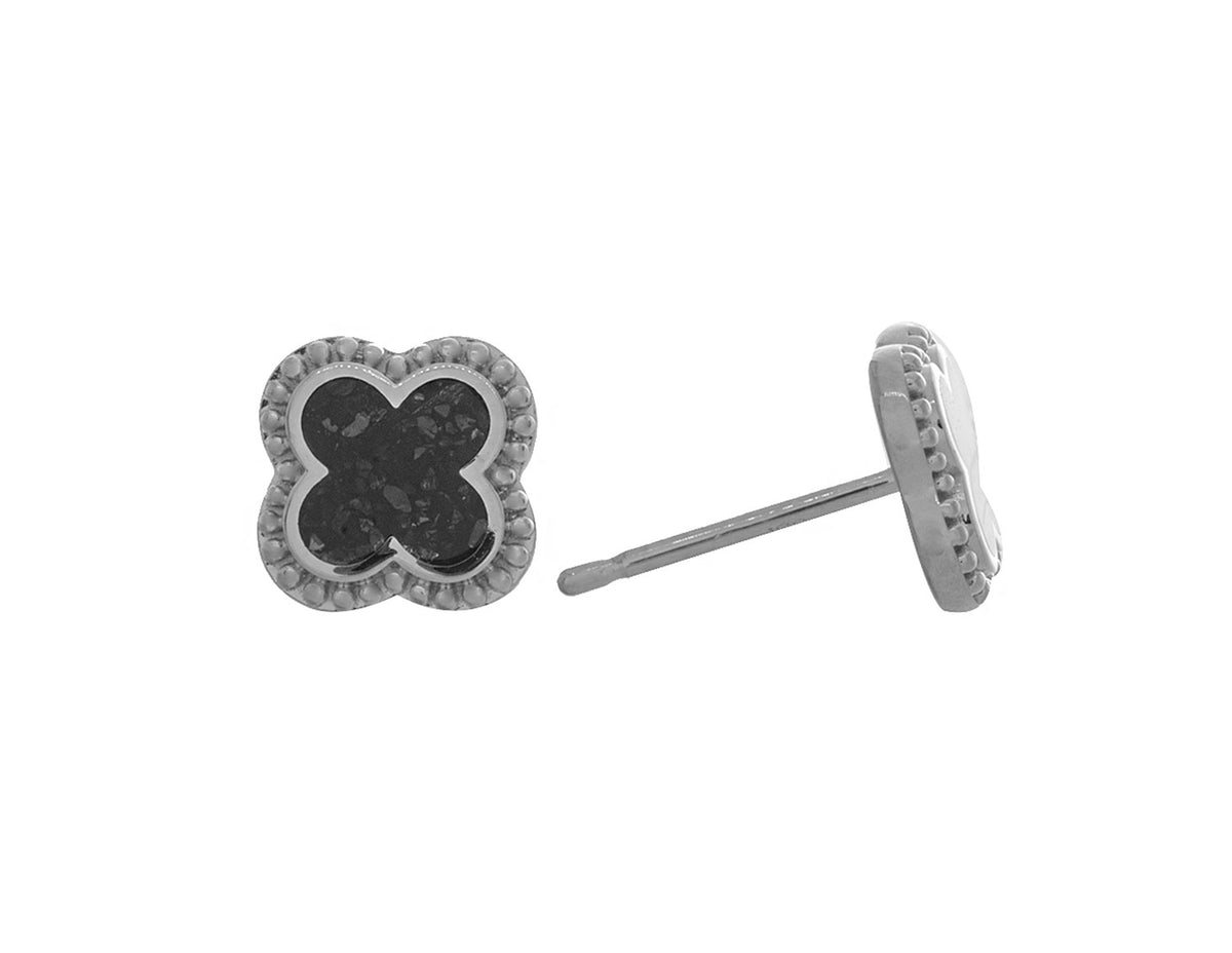 Crushed Black Diamond Clover Stud Earrings in Sterling Silver