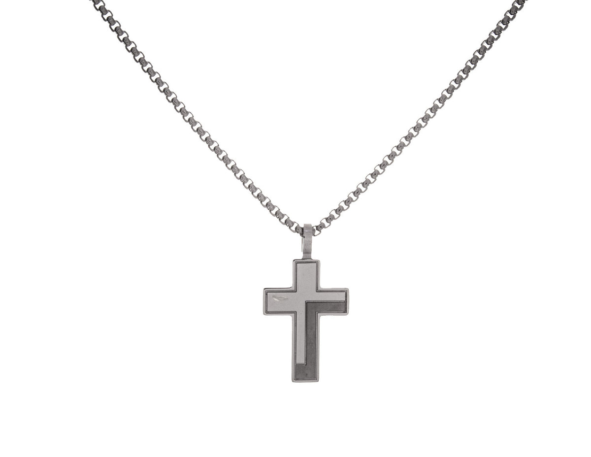 22" Stainless Steel Grooved Polished-Matte Cross Pendant