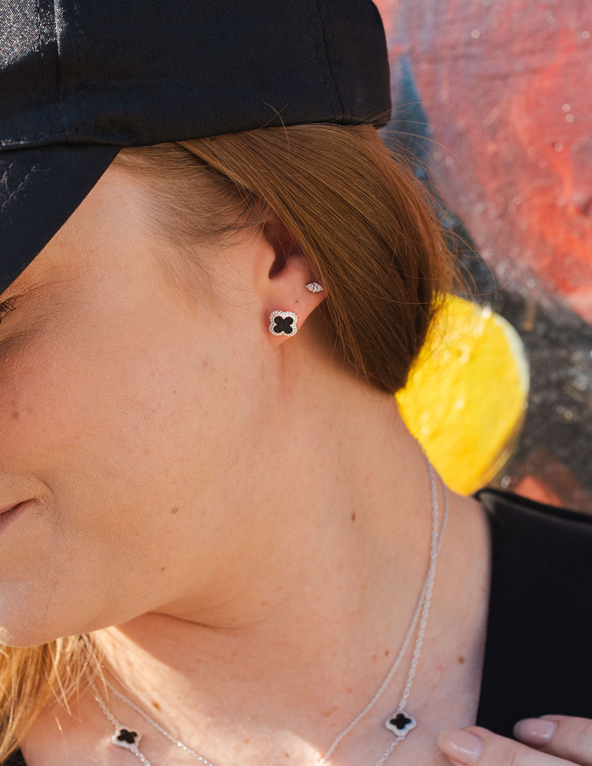 Crushed Black Diamond Clover Stud Earrings in Sterling Silver