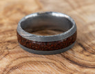Damascus Steel Wedding Band With Red Dinosaur Bone Inlay