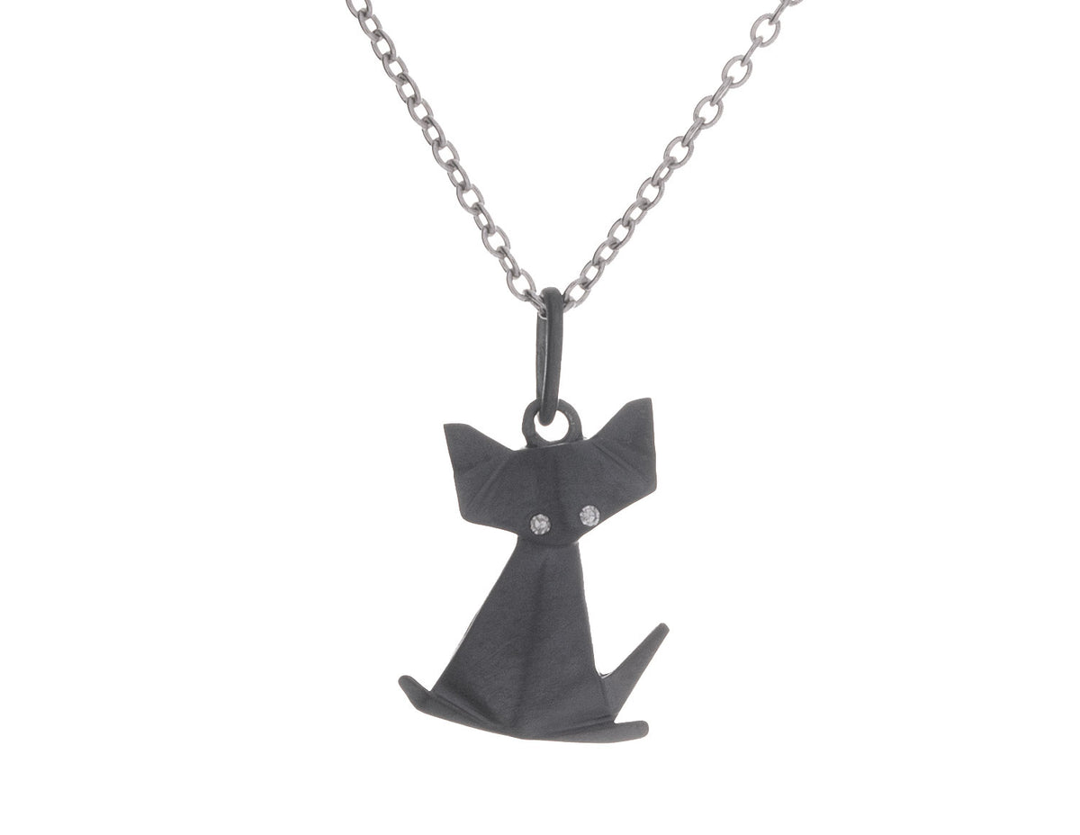 .01ct. t.w. Diamond Origami Cat Pendant in Sterling Silver and Black Rhodium