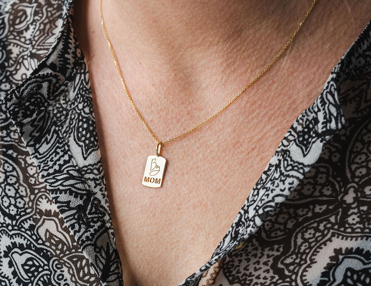Boy Mom Dog Tag Pendant in 14K Yellow Gold