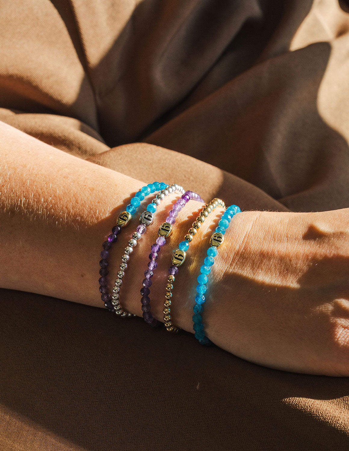 ABCD - Sterling Silver, Apatite, Amethyst Cubic Zirconia, & Gold Tone Beaded Gratitude Bracelet