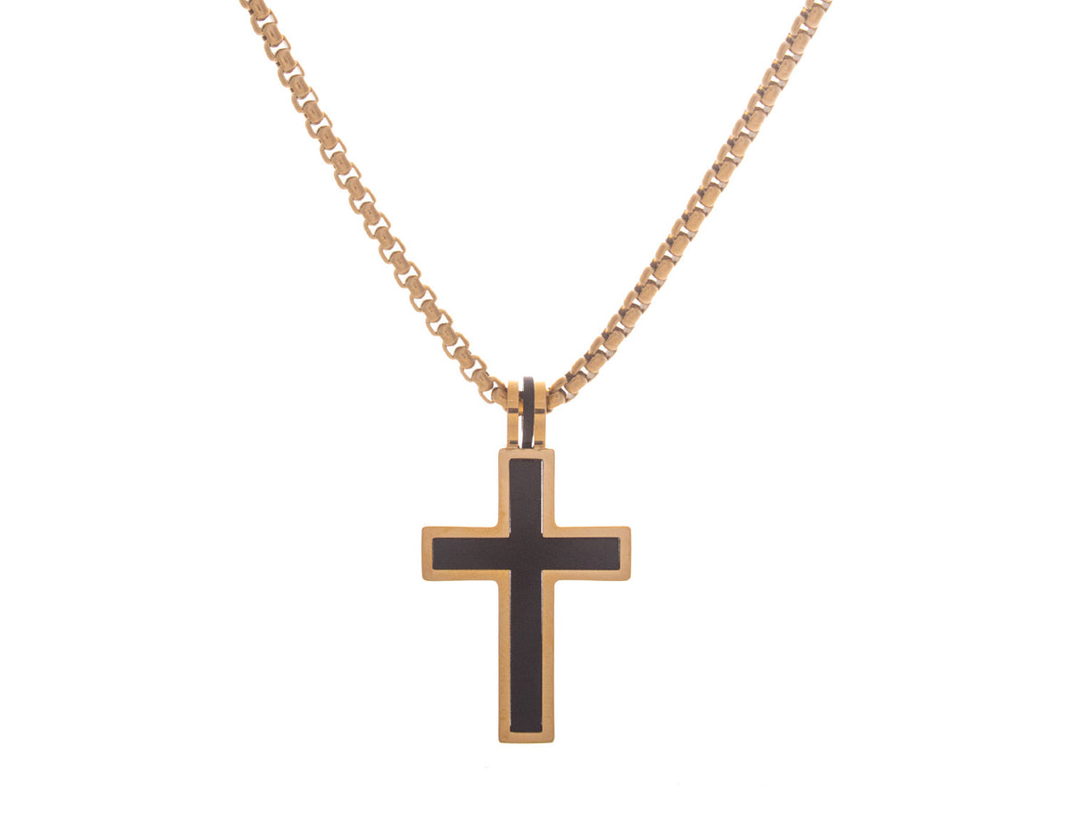 22" Stainless Steel Gold and Black Ion-Plated Brushed Cross Pendant