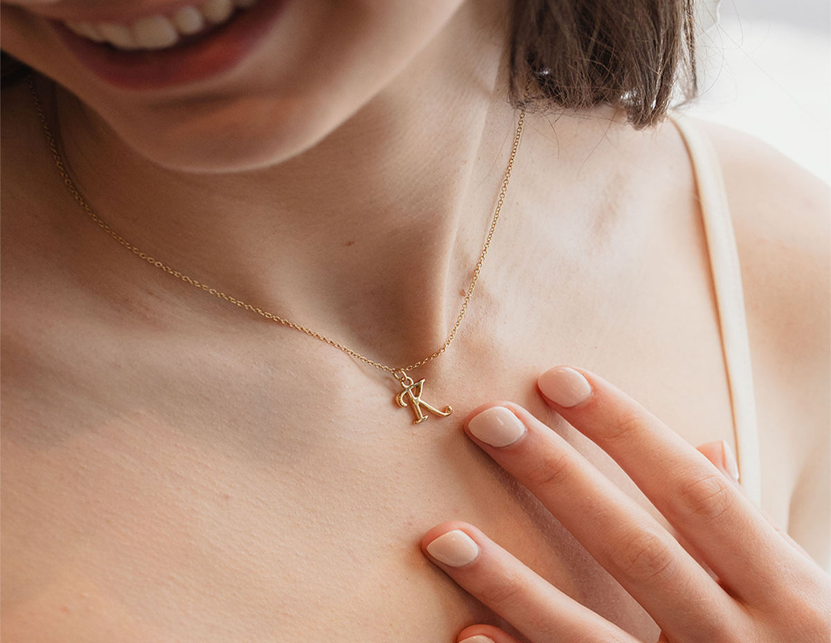 18" Gold Ion-Plated Stainless Steel Cursive Initial "K" Pendant
