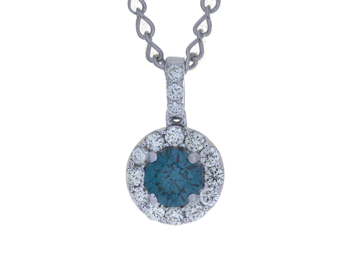 5/8ct. t.w. Blue and White Diamond Halo Pendant in 14K White Gold