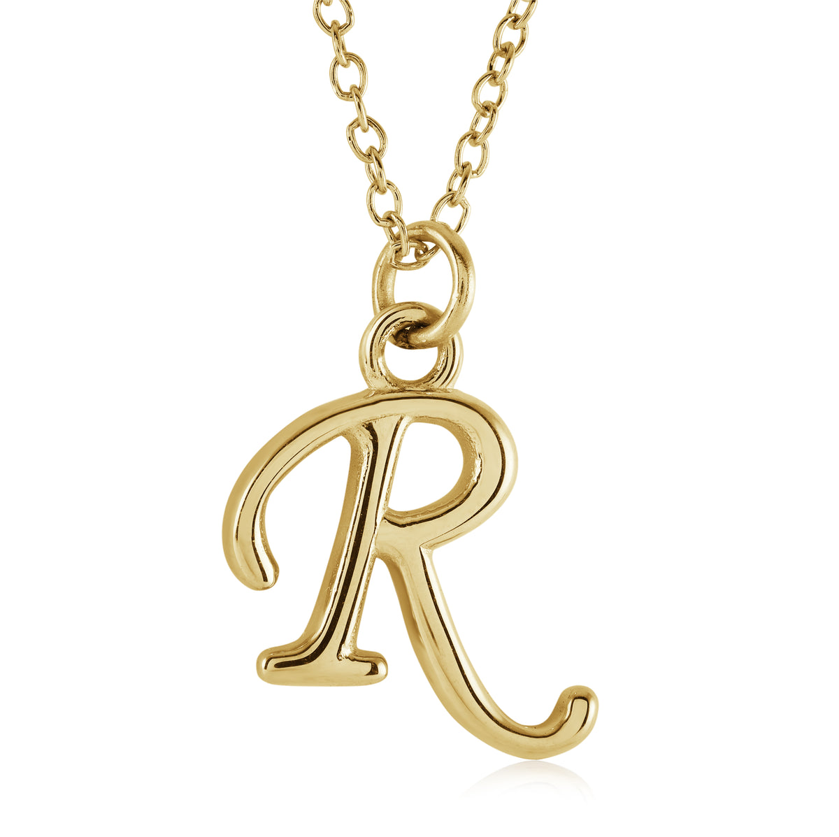 18" Gold Ion-Plated Stainless Steel Cursive Initial "R" Pendant