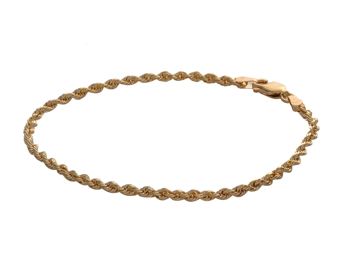 7" Solid Diamond Cut Rope Chain Bracelet in 14K Yellow Gold