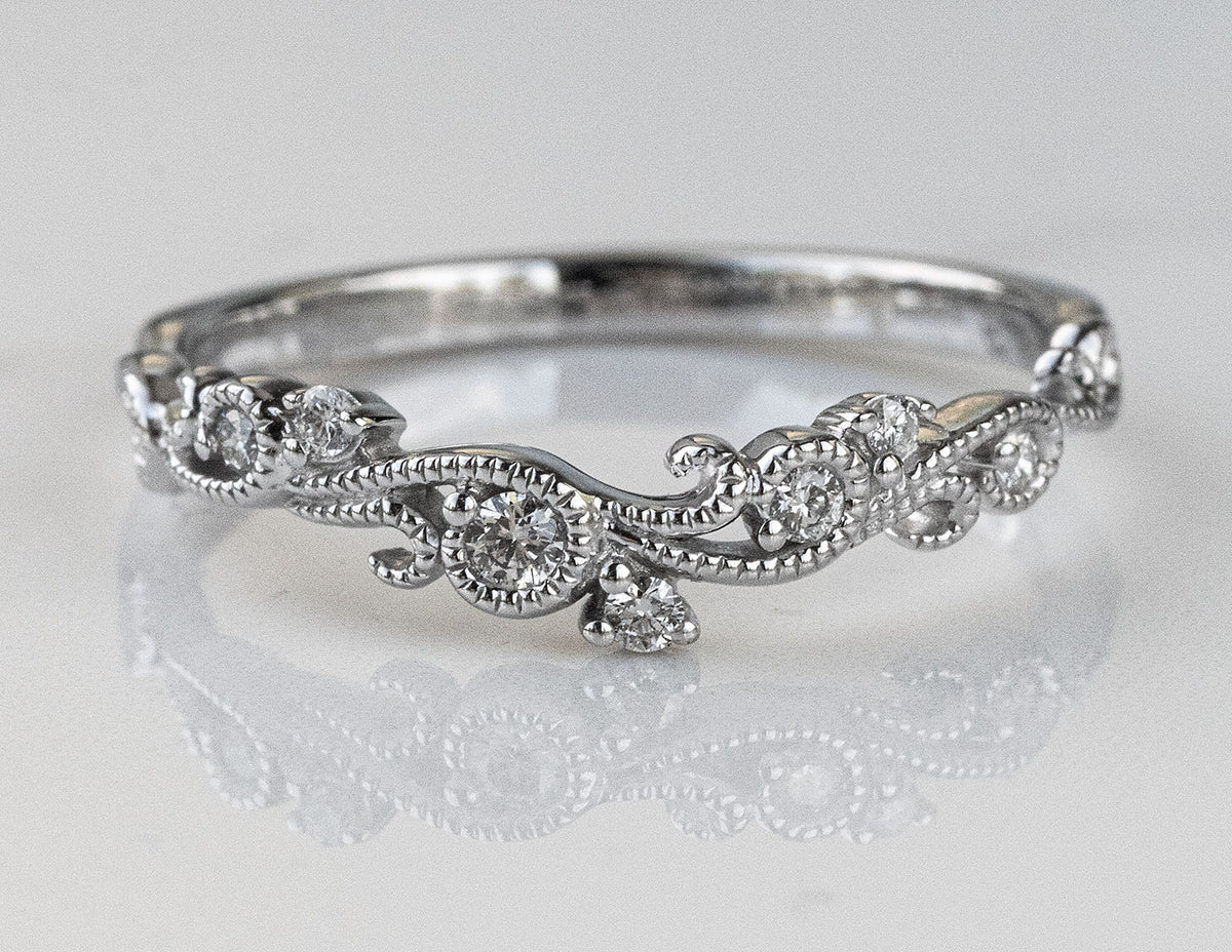 1/10ct. t.w. Vintage Curved Diamond Wedding Ring in 14K White Gold