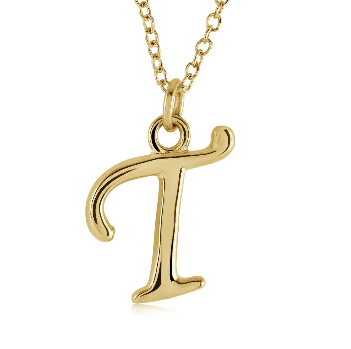 18" Gold Ion-Plated Stainless Steel Cursive Initial "T" Pendant