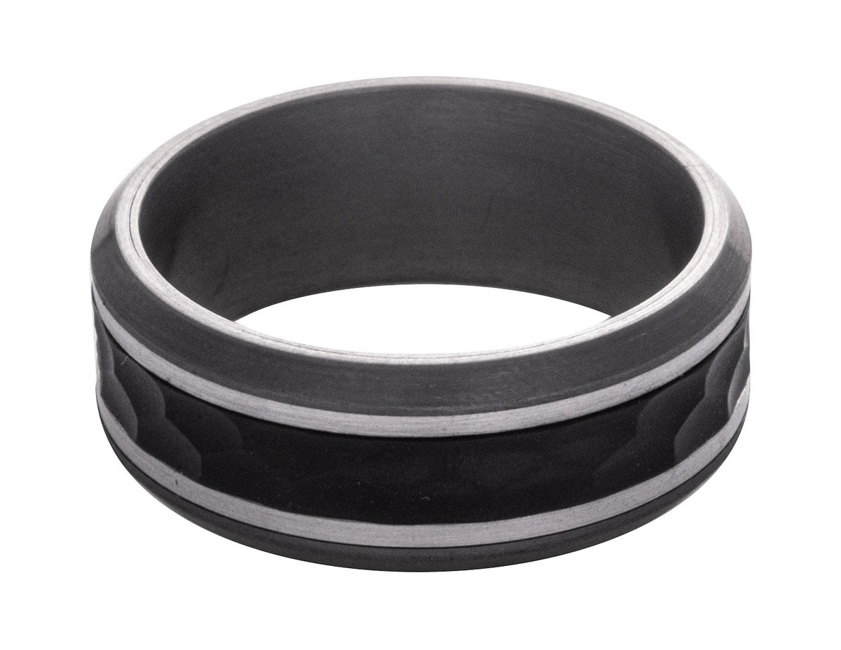 8.5mm Comfort Fit Gents Wedding Ring in 14K White Gold, Tantalum, and Carbon Fiber