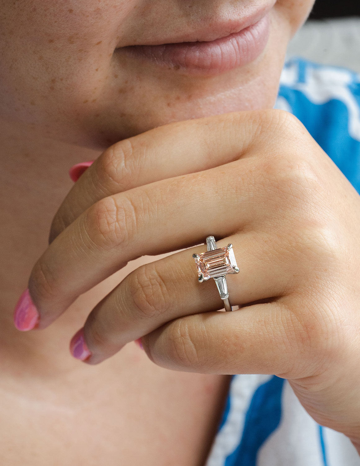 3 1/2ct. t.w. Pink Emerald Cut Newborn Lab Created Diamond Engagement Ring in 14K White Gold