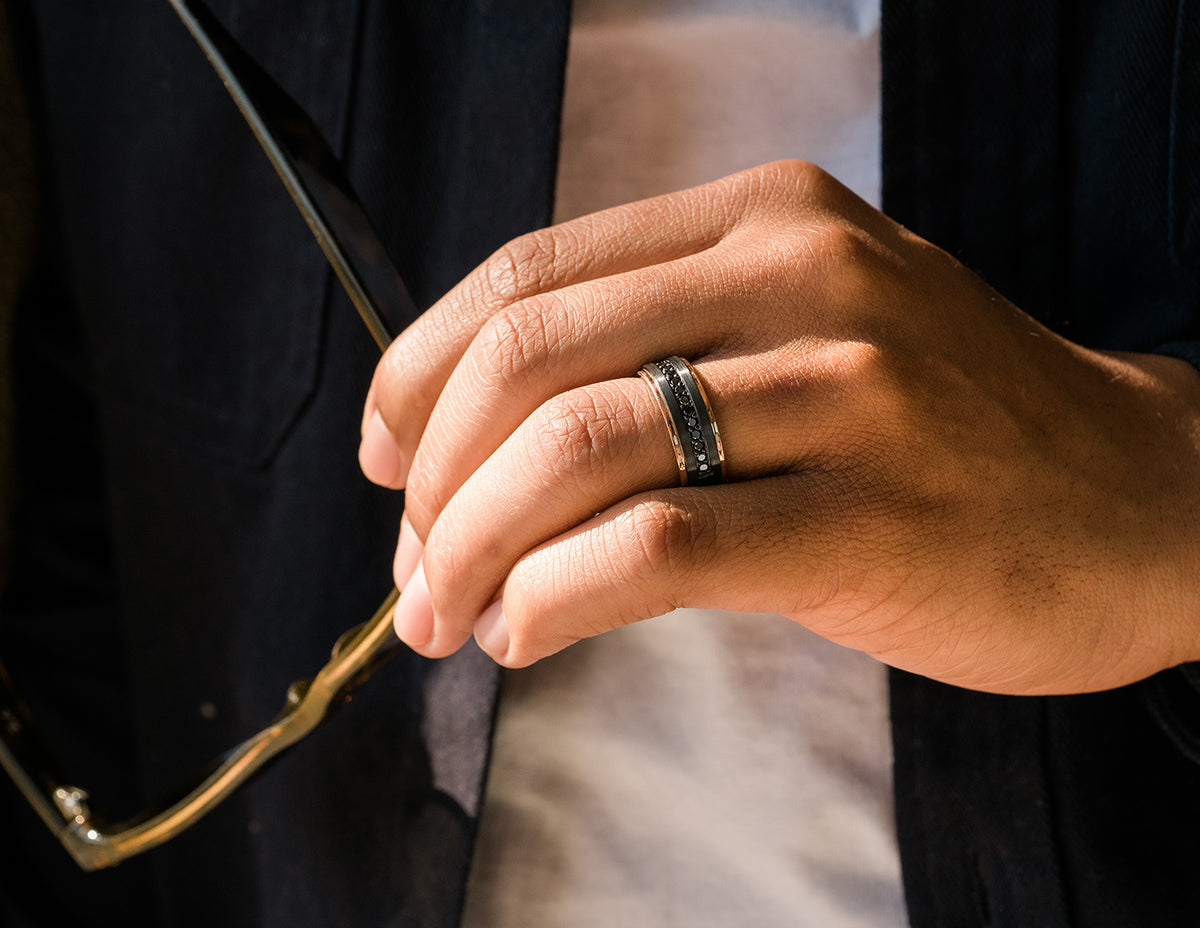 1/2ct. t.w. Treated Black Diamond Wedding Ring in Black Zirconium and 14K Rose Gold