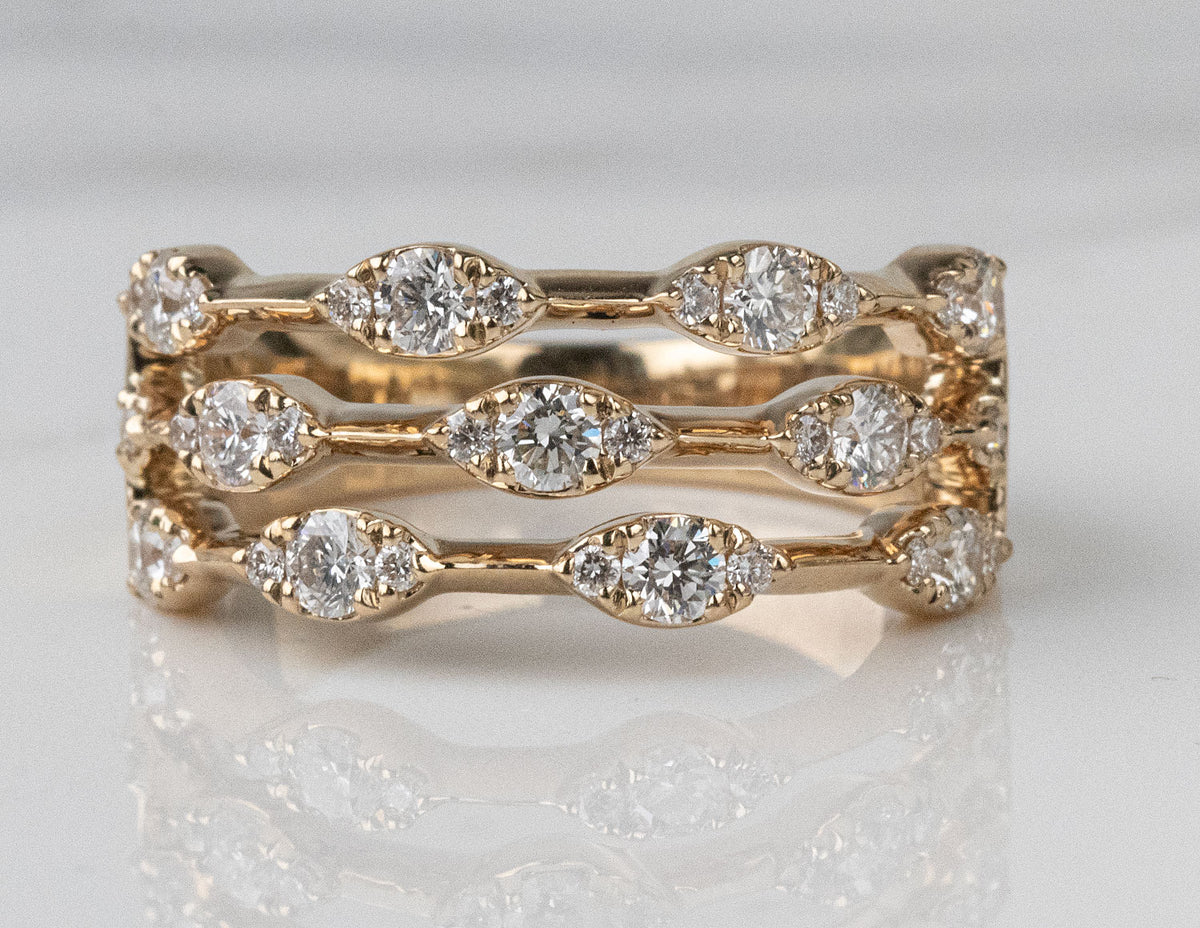 3/4ct. t.w. 3-Row Diamond Fashion Ring in 14K Yellow Gold