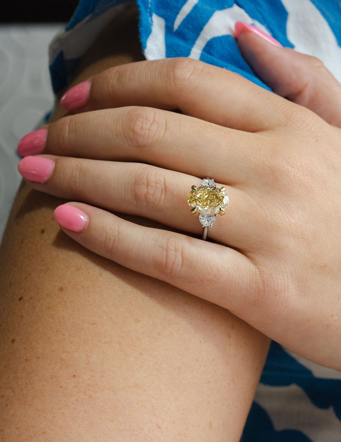 5 7/8ct. t.w. Yellow Oval Cut Newborn Lab Created Diamond Engagement Ring in 14K White and Yellow Gold
