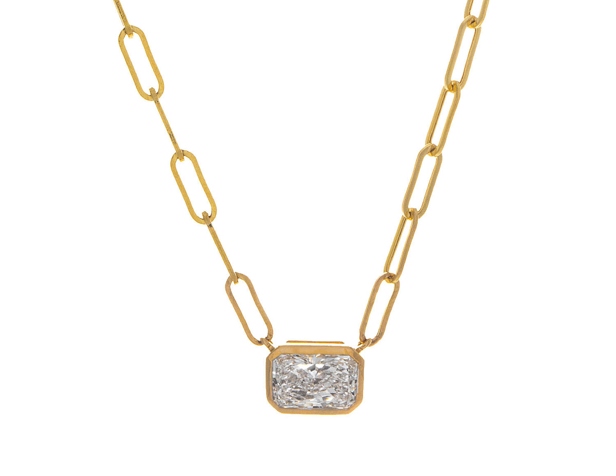 1 1/2ct. Radiant Cut Newborn Lab Created Diamond Bezel Pendant in 14K Yellow Gold