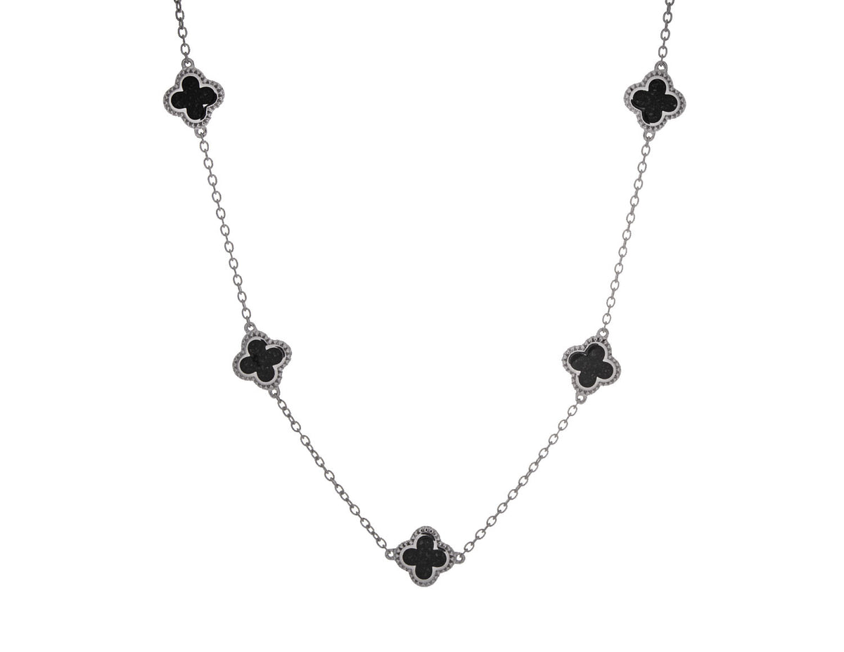 18" Sterling Silver Crushed Black Diamond 5-Clover Pendant