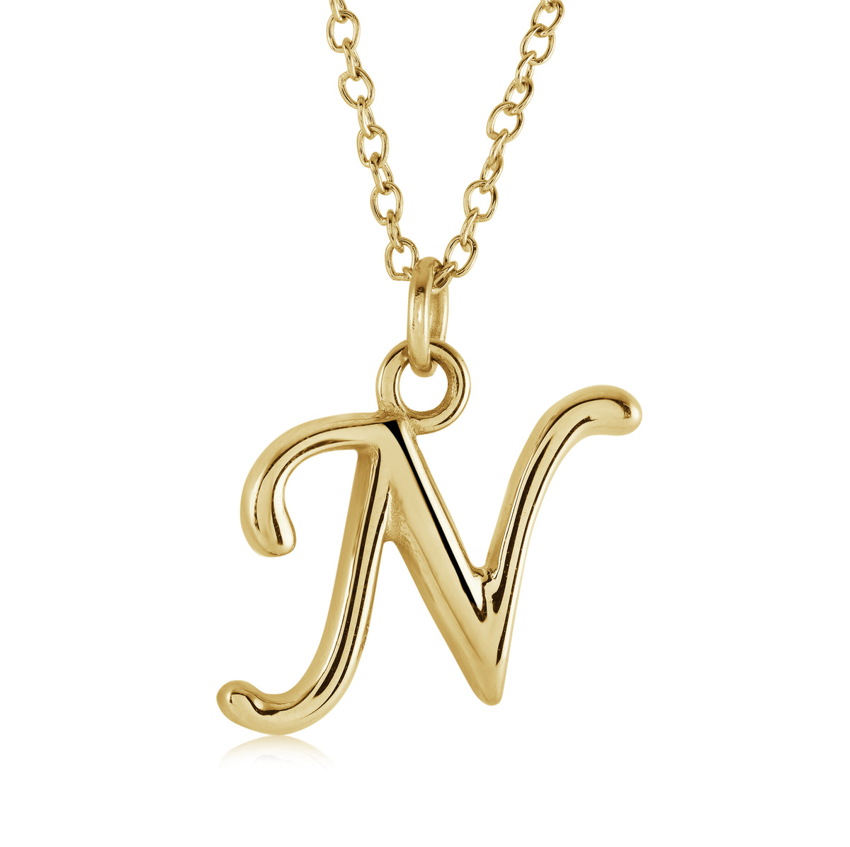 18" Gold Ion-Plated Stainless Steel Cursive Initial "N" Pendant