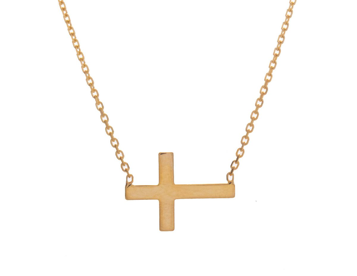 18" Sideways Mini-Cross Necklace in 14K Yellow Gold