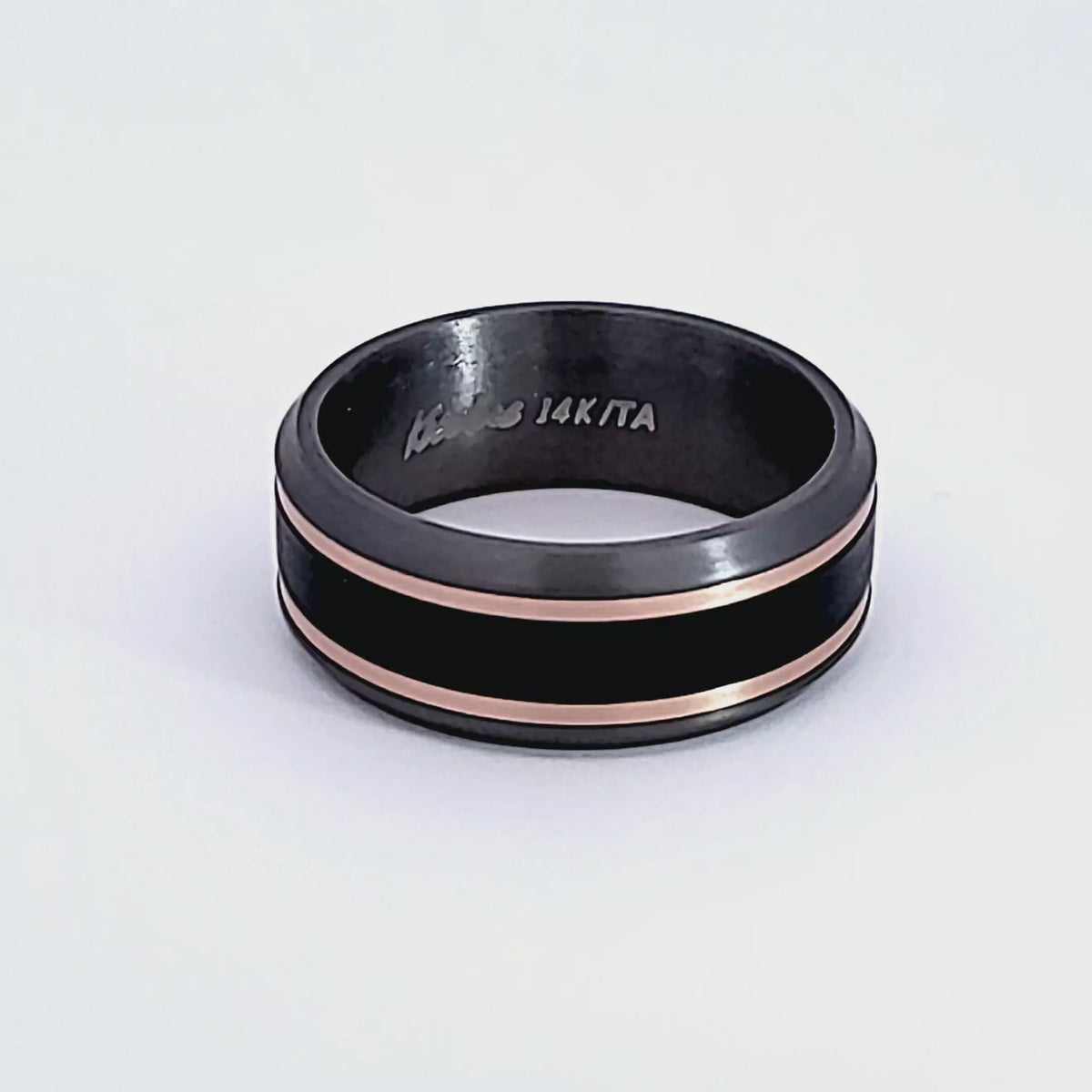 8.5mm Comfort Fit Gents Wedding Ring in 14K Rose Gold, Tantalum, and Carbon Fiber